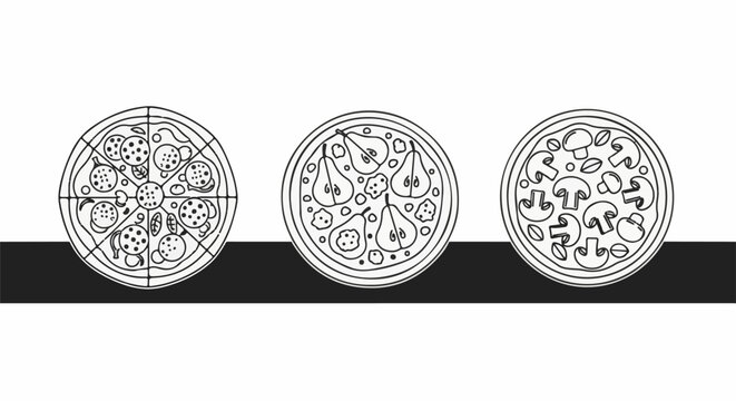 Three distinct illustrated pizzas one with pepperoni, one with pears and cheese, one with mushrooms