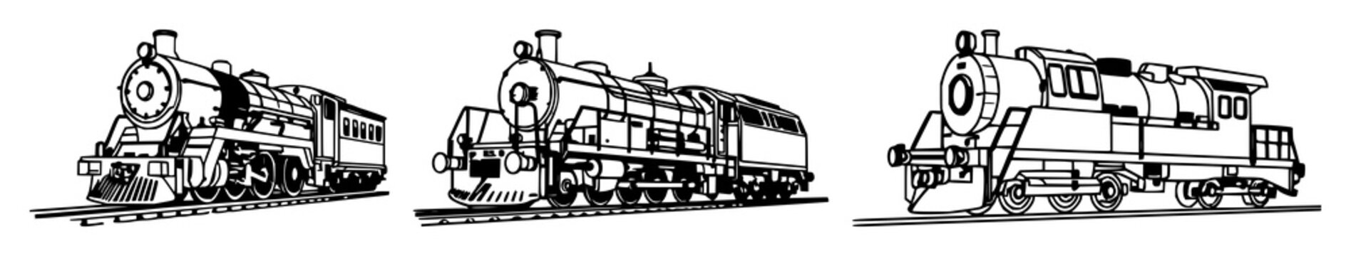 Train engine set with black line art on white background featuring locomotive, rail, tracks, engine, freight with simple and minimalist