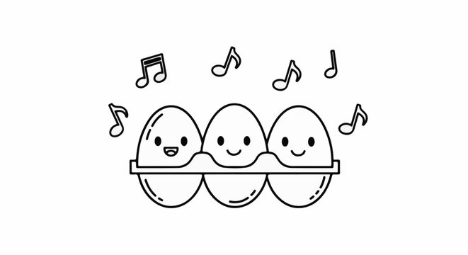 Three happy eggs in a carton singing with musical notes