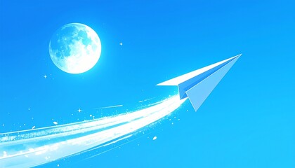 Fototapeta premium Paper airplane flying toward full moon in starry night sky with glowing trail