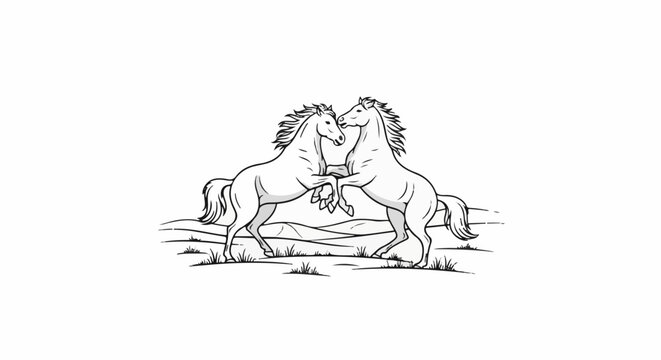 Two stylized horses rearing up and facing each other on a grassy hill