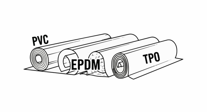Three rolled sheets of material labeled PVC, EPDM, and TPO