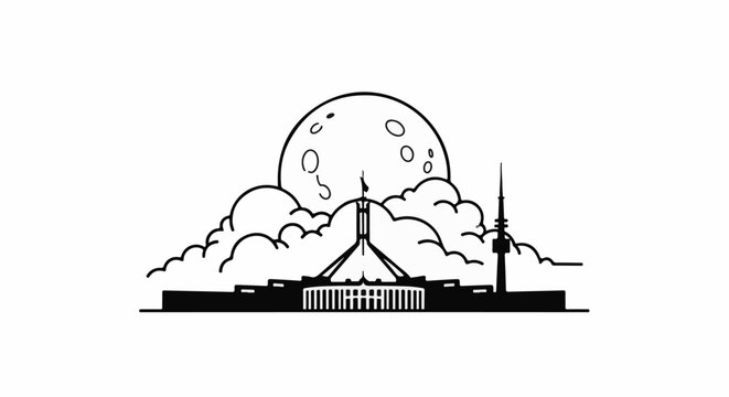 Stylized silhouette of parliament building and tower with moon behind clouds