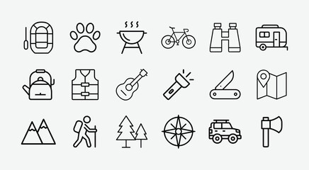 Fototapeta premium Camping and Outdoor Adventure Line Icon Set, Travel, Hiking, BBQ and Nature Outline Icons Collection