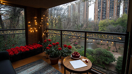 Fototapeta premium Balcony architecture interior with red roses string lights and dinner table setting overlooking cityscape and green foliage; outdoor date night mockup background.
