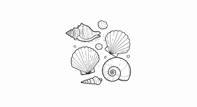 Various seashells and small pebbles sketched on a white background