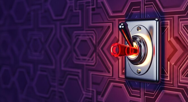 Red toggle switch on metallic plate with purple circuit board pattern