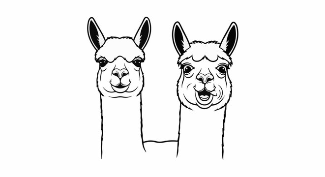 Two cartoon llamas in a close-up portrait, one looks serious, the other silly