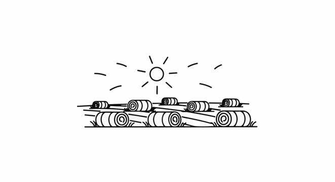 Stylized sun shines over a field of hay bales on a white background