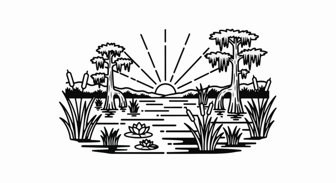 Stylized swamp scene with cypress trees, lilies, and sunrise over water