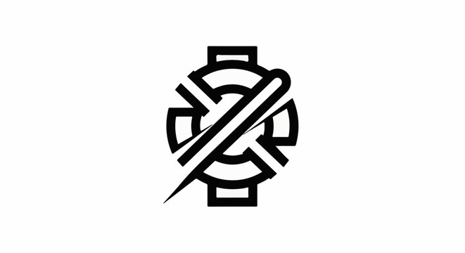 Stylized symbol combining a wheel with a needle and thread