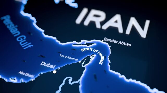Strait of Hormuz, strategic neon 3D map of the persian gulf with Iran highlighted.