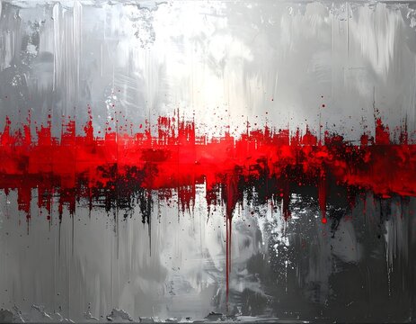 An abstract image featuring a stark contrast. A red streak horizontally bisects a mostly gray background. Splattered effects