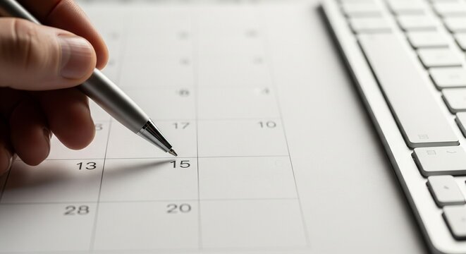 Hand with Pen Pointing at Calendar Date Close-up Photo for Scheduling and Business Planning