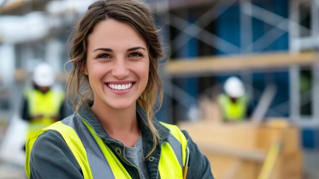 Female veteran construction supervisor directing diverse crew at sustainable housing development site during blue hour with safety vests glowing, ideal for leadership roles, skille