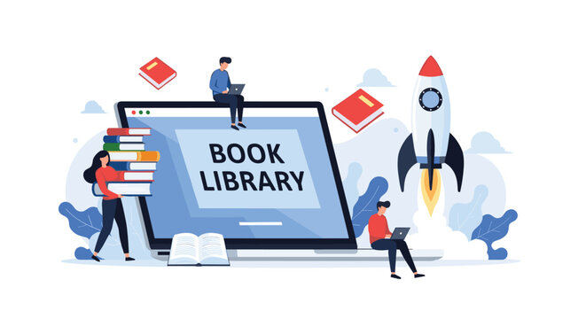 Digital library and online education concept showing people engaging with books around a large laptop and a rocket launch for knowledge.