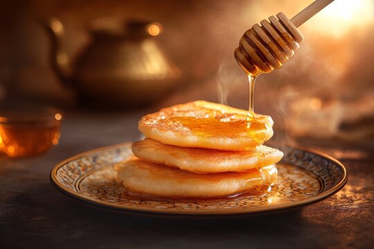 Delicious moroccan baghrir breakfast with honey drizzle on elegant plate
