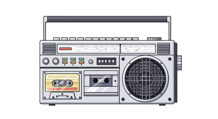Fototapeta premium Vintage boombox radio and cassette player illustration in a classic retro style with detailed buttons and a large circular speaker.