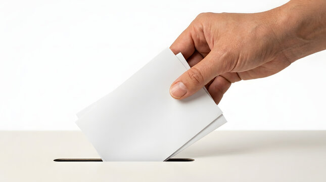 A hand depositing a ballot into a voting box