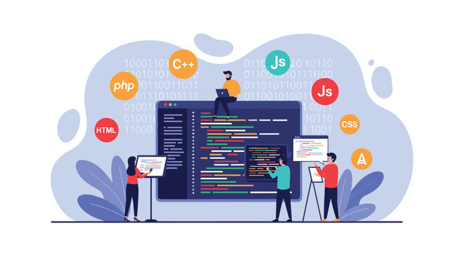 Web development and software engineering concept showing people collaborating on a complex coding project with various programming languages.