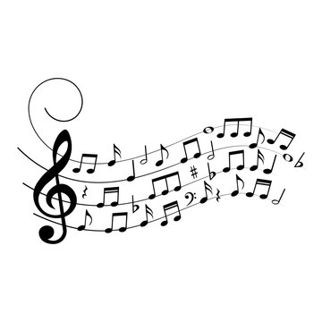 Music notes and symbols, with curves and swirls, isolated, vector illustration.