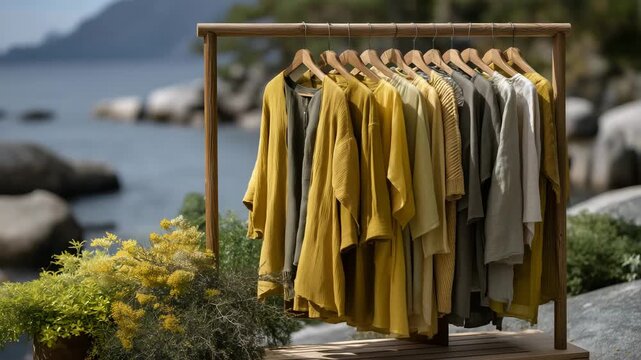 Gender neutral spring collection featuring flowing linen pieces and structured cotton garments on minimalist rack in bright outdoor nature setting, perfect for inclusive seasonal f