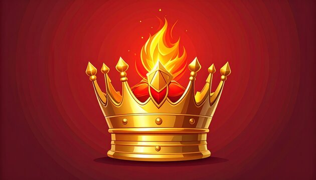Golden crown with fiery flames on royal red background, victory and leadership symbol