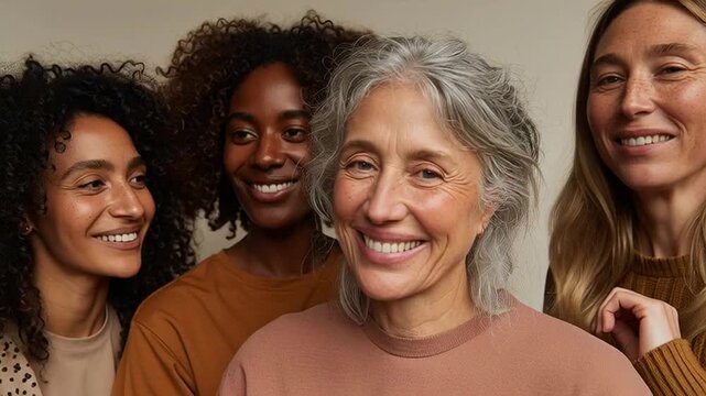 Diverse group of women of different ages and ethnicities smiling together.
