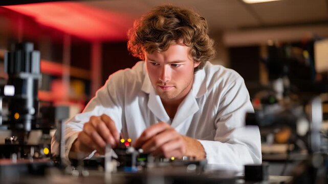 Graduate researcher assembling quantum entanglement experiment using precision optical components on breadboard while consulting reference schematics under red darkroom lighting co