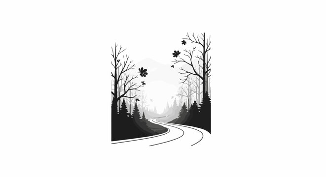 Winding road through a dark, bare forest with falling leaves