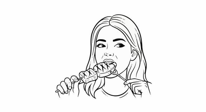Woman eating a skewer of grilled meat with a fork