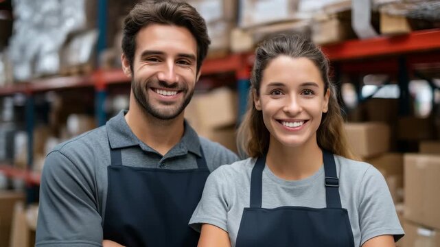 Husband wife team packaging handmade products in home garage workshop converted to fulfillment center, inventory shelves lining walls, bootstrap mentality, ideal for self-funded bu