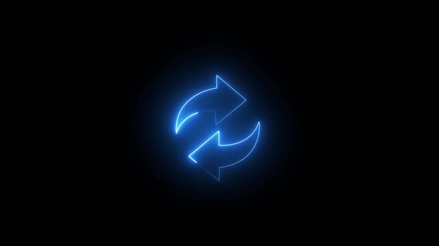 Abstract glowing Neon line refresh and recycle arrow icon animation on black background. Neon line arrow animation 