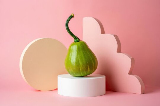 Green pear sits on a white pedestal in front of pink and beige shapes