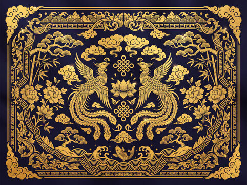Golden Phoenix Artistry: A symmetrical depiction of golden phoenixes and ornamental details embodies rich culture, traditions, and artistic heritage. capturing a stunning cultural narrative.
