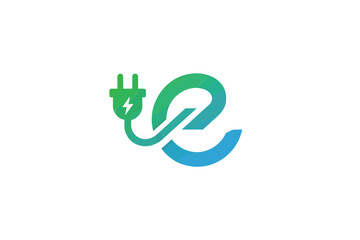 Fototapeta premium Abstract logo featuring a green electrical plug and flowing blue energy