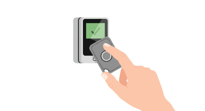 A hand presses a grey rectangular key card against a digital access reader that confirms entry with a bright green checkmark on a small screen.