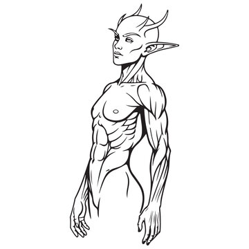Muscular demon character with horns and pointed ears vector line art illustration for coloring book or fantasy game design