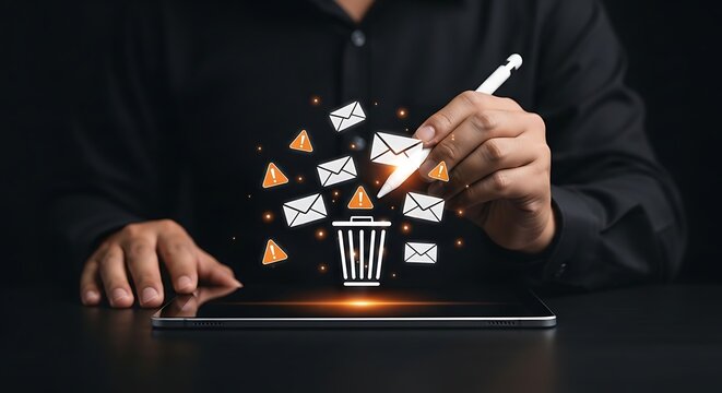 Person using stylus on tablet to delete digital mail icons and warning signs, representing email management and spam filtering.
