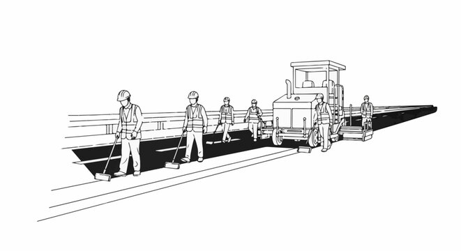 Workers pave a road with machinery and tools