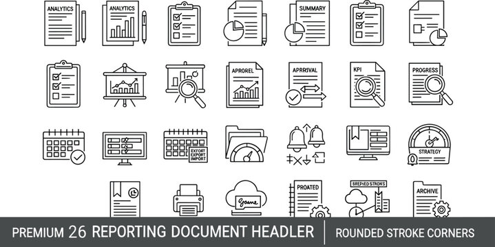 Reporting document header line icon set including analytics charts checklist dashboard monitoring workflow outline vector collection