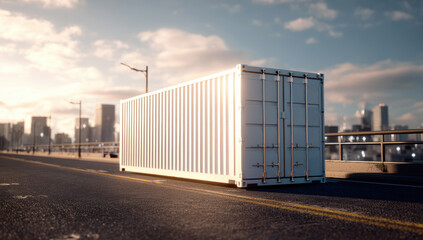 Fototapeta premium Shipping container representing global logistics and transportation on a highway bridge at sunset with a city skyline