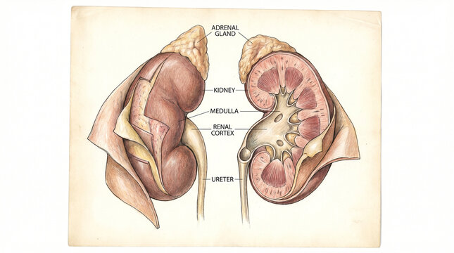 Labeled illustration of human kidneys and adrenal glands with physiology scientific healthcare education medicine research clinical internal structure educational teaching graphics