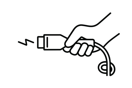 A hand holding a power cable with sparking electricity