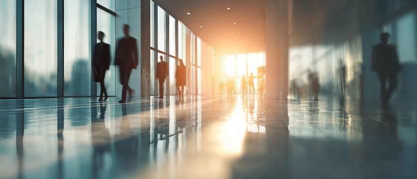 Silhouetted professionals walking in sunlit modern office corridor