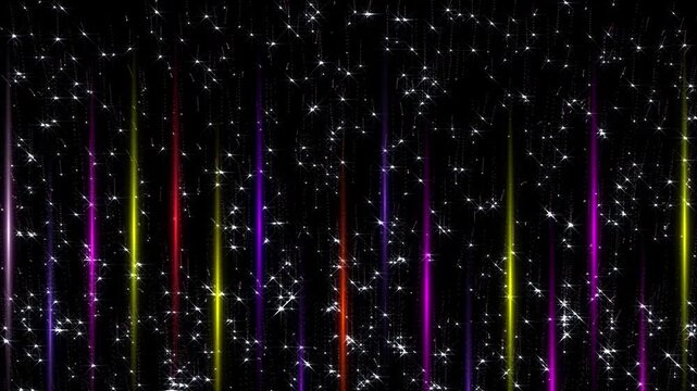 Neon stripes with Sparkles Loop. Colored neon lines and white sparkling star light animation, seamless loop.