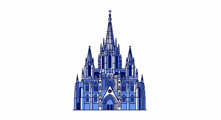 Obraz premium A stylized blue drawing of a gothic cathedral with multiple spires and a cross