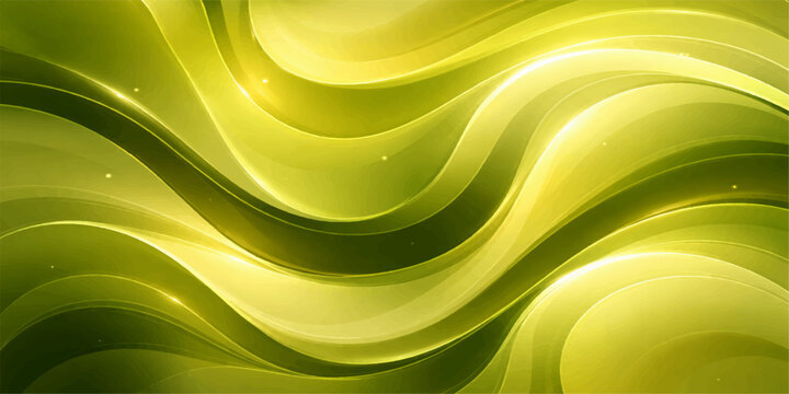 An abstract green background featuring flowing digital waves and dynamic light curves creates a futuristic wallpaper design with a blue motion pattern and high-energy vector texture