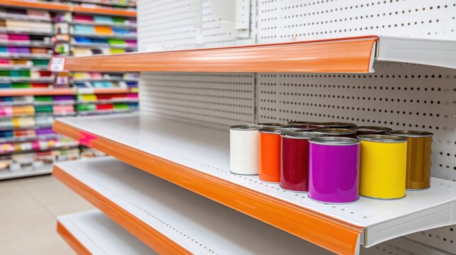 Empty shelves in a hardware store with colorful paint cans awaiting customers