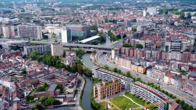 Aerial view around the city Gent in Belgium on a sunny day in summer